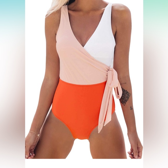 NWT CUPSHE Women's One Piece Swimsuit Wrap Color Block Tie Side Bathing Suit XL - Picture 1 of 6